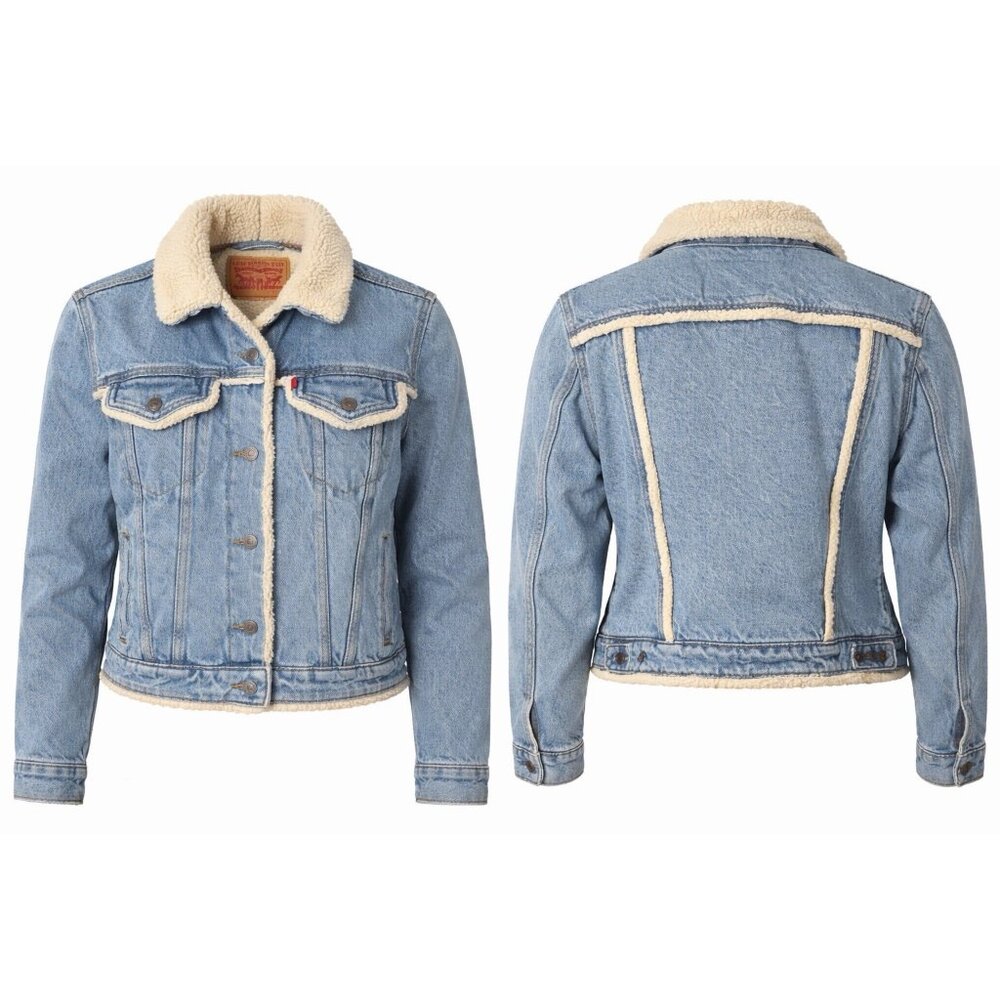 Levi’s Sherpa Lined Denim Trucker Jacket Women’s L Blue Western Coat 38